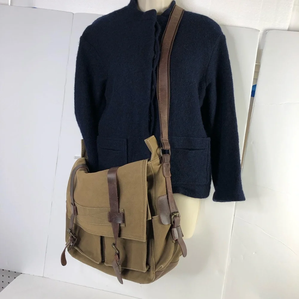 Rustic Town Men Brown Military Leather Canvas Messenger Bag L Shoulder Crossbody